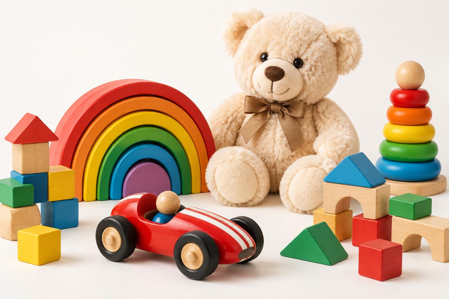 A colourful toy shop display with building sets, dolls and vehicles